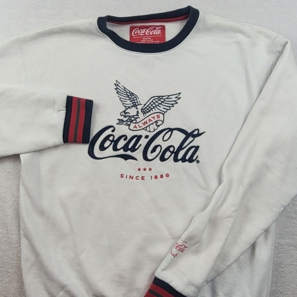 Coca-Cola Graphic Sweatshirt Mens Medium White Navy Red Eagle Logo Pullover